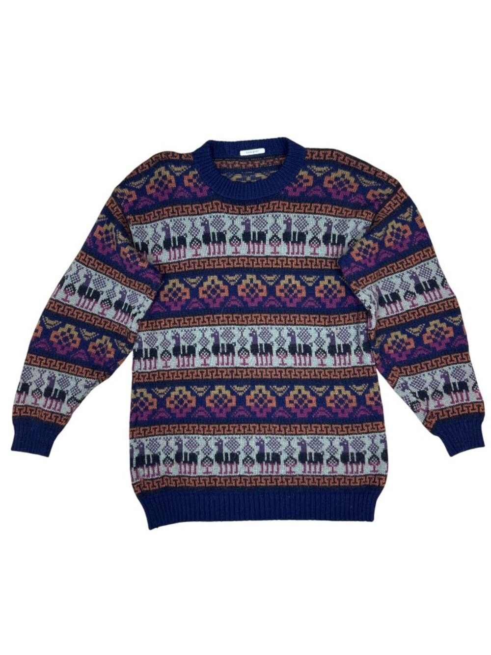 Vintage Alpaca Men's M Sweater Vibrant Geometric Knit Crew Neck Cozy Pullover